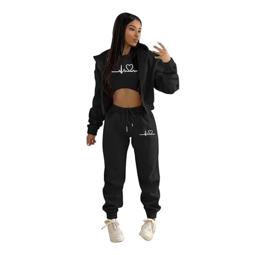 FeiliandaJJ Streatwear Trainingsanzüge Damen EKG Drucken Reißverschluss Sportanzug 3tlg Freizeitanzug Jogginganzug Kapuzenjacke + Sporthose + Tanktop S-XXL von FeiliandaJJ