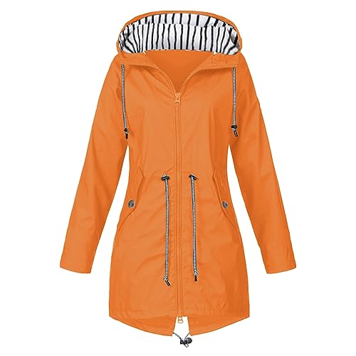 FeiliandaJJ Wasserdichte Regenjacke für Damen - mit Kapuze und Tasche - atmungsaktiv - Herbst - Winter - leichte faltbare Jacke - Softshelljacke - Fahrradjacke für Outdoor, Wandern, Orange, 46 von FeiliandaJJ