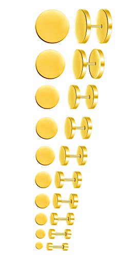 Feilok 10 Paar Edelstahl Herren Ohrstecker Creolen Tunnel Ohrringe für Damen Fakeplug Fake Plug Ohrringe Pierced Earrings Stud Earrings Set 3-14mm Gold von Feilok