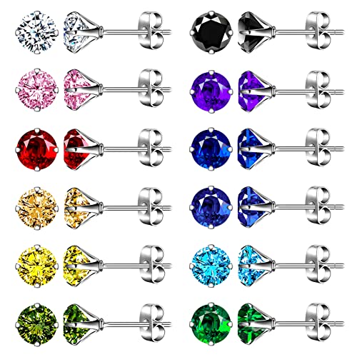 Feilok 12 Paar Unisex Herren Edelstahl Ohrringe Set 6mm Ohrclips Emaille Ohrschmuck Piercing Ohr Lünette Damen Ohrstecker Tunnel Piercing für Männer Damen von Feilok
