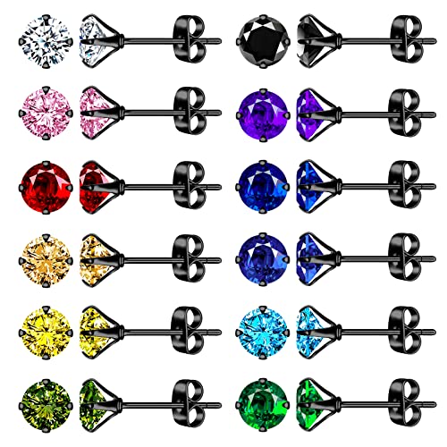 Feilok 12 Paar Unisex Herren Ohrringe Set 4mm Edelstahl Ohrclips Emaille Ohrschmuck Piercing Ohr Lünette Damen Ohrstecker Tunnel Piercing für Männer Damen von Feilok