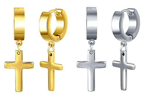 Feilok 2 Paar Creolen Edelstahl Männer Ohrstecker für Herren Damen Hoop Ohrringe Huggie Piercing Ohr Kreuz Ohrhänger Baumeln Klappohrring Silber Gold von Feilok