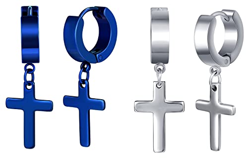 Feilok 2 Paar Creolen Ohrringe für Damen Kreolen für Herren Damen Ohrstecker Hoop Edelstahl Huggie Piercing Ohr Kreuz Ohrhänger Baumeln Klappohrring Unisex Silber blau von Feilok