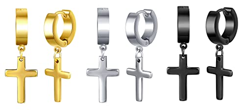 Feilok 3 Paar Edelstahl Creolen Damen Ohrringe Set Ohrstecker Kreolen Huggie Piercing Ohr Kreuz Ohrhänger Baumeln Klappohrring Unisex Silber Schwarz Gold von Feilok