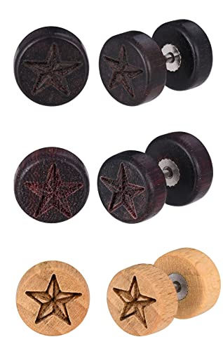 Feilok 3 Paare Edelstahl Männer Ohrstecker für Herren Damen Unisex Ohrstecker Set Hoop Ohrringe Huggie Piercing Ohr Stern Holz Ohrring Piercing Huggie Fake Plug 10mm von Feilok