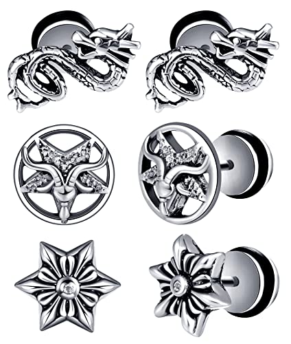 Feilok 3 Paare Herren Ohrringe Ohrstecker Set Creolen Edelstahl Silber Sechszackiger Stern Drachen Schafkopf Creolen Ohrringe Huggie Piercing für Männer von Feilok