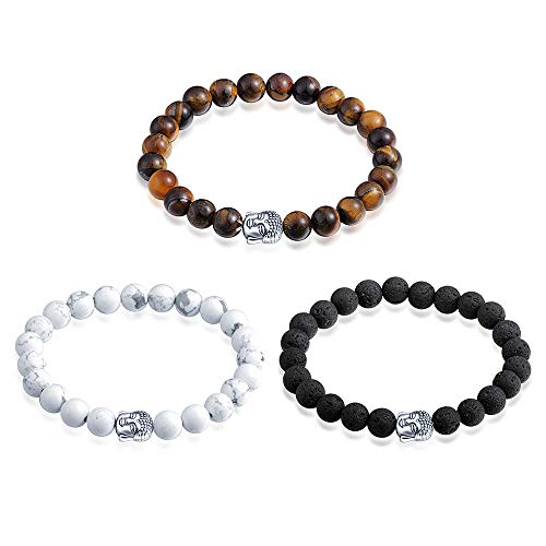 Feilok 3 Stück Buddha Partner Armband Armbänder echten Natursteinen Chakra- Bracelet Strech Perlenarmband Armkettchen Armkette Freundschaftsarmband BFF Ketten für 3 Schmuck Set von Feilok