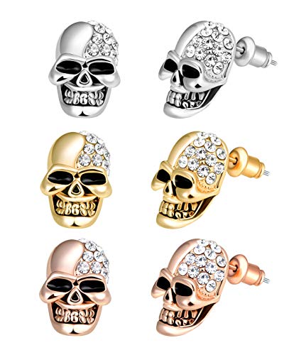 Feilok 3 paar Edelstahl Herren Ohrstecker Creolen Tunnel Ohrringe Totenkopf Zirkonia für Damen Fake Plug Pierced Earrings Stainless Steel Stud Earrings Set von Feilok