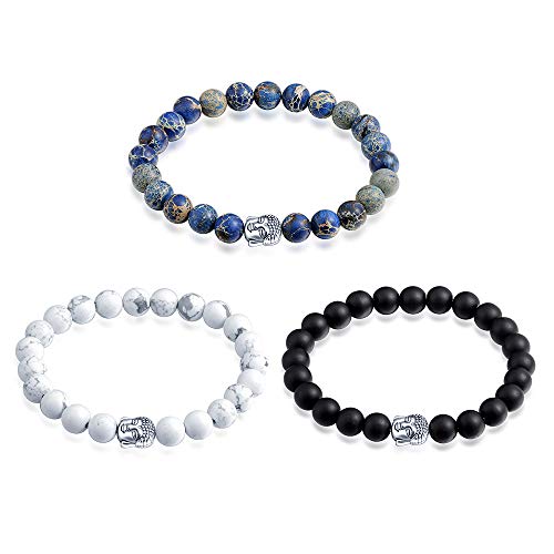 Feilok 3er Set Buddha Partner Armband Armbänder echten Natursteinen Chakra- Bracelet Strech Perlenarmband Armkettchen Armkette Freundschaftsarmband BFF Ketten für 3 Männer Damen von Feilok