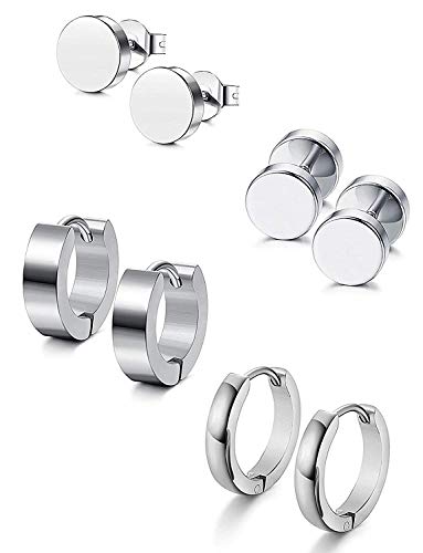 Feilok 4 Paare Set Edelstahl Ohrringe Rund Ohrstecker Klapp-Creolen Hoop Huggie Piercing Ohr Clips Tunnel für Herren Damen von Feilok