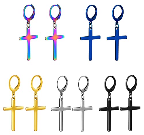 Feilok 5 Paar Edelstahl Ohrringe Set Männer Ohrstecker Ohrhänger Hängeohrringe Kreolen für Herren Huggie Piercing Ohr Kreuz Baumeln Unisex von Feilok