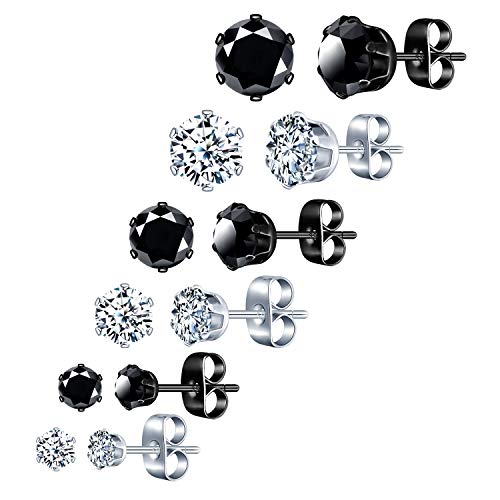 Feilok 6 Paare Edelstahl Herren Damen Ohrstecker Ohrringe Zirkonia Ohrschmuck Set 3-8mm basic Piercing Tunnel schwarz weiß Männer Geschenk für Freund von Feilok