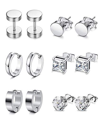 Feilok 6 Paare Edelstahl Ohrringe Rund Ohrstecker Klapp-Creolen Runde Platz Hoop Huggie Piercing Ohr Clips Tunnel für Herren Damen von Feilok