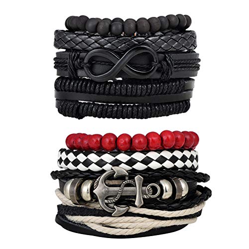 Feilok 8 Stücke Lederarmband Herren Armband Set Leder Armbänder Unendlichkeit Infinity Anker für Damen Geflochten Länge Elastisch Perlenarmband Holz Einstellbar von Feilok