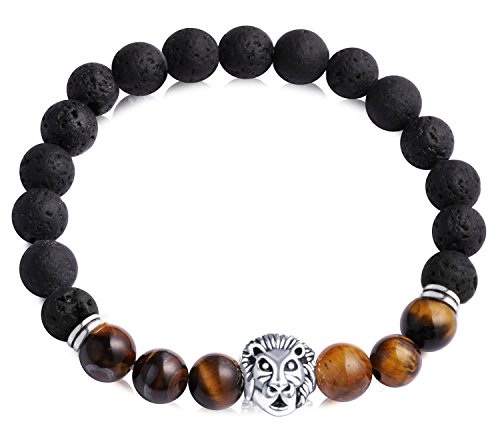 Feilok 8MM Enerigearmband Energie Armband Armkette EnergieStein Kugelkette Achat Lava mit Löwe Perlen Perle für Kinder, Damen und Herren Braun von Feilok