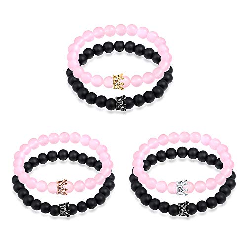 Feilok Charm Couple King & Queen Crown Armbänder Freundschaft Armbänder 8mm Perlen Bangle Strech Armband Partnerarmbänder BFF Ketten für Mädchen 6er Set Schmuck Set von Feilok