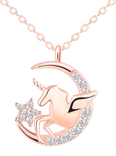 Feilok Damen Halskette 925 Silber Anhänger Mond Stern Einhorn Zirkonia Rosegold für Frauen Schmuck Sie Freundin Weihnachten Valentinstag von Feilok