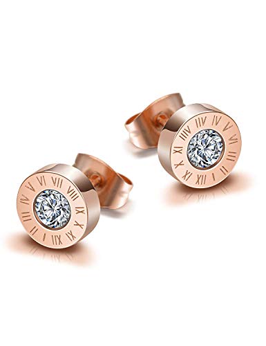 Feilok Damen Herren Edelstahl Neutral Ohrstecker Glitzern Kreis Römische Ziffern mit Zirkonia Ohrringe Geschenk für Weihnachten Geburtstag Rosegold von Feilok