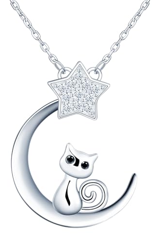 Feilok Damen Kette Mond Katzen Kette Stern Halskette Damen Silber 925 Kette Anhänger Zirkonia Damen Halskette für Frauen Valentinstag von Feilok