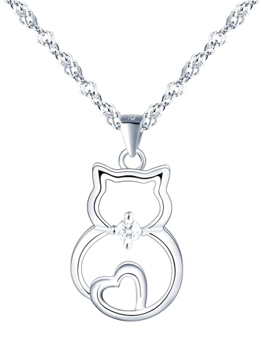 Feilok Damen Kette mit Anhänger Katzen Kette Hohl Herz Halskette Damen Silber 925 Kette Anhänger Zirkonia Halskette für Frauen Valentinstag von Feilok