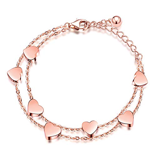 Feilok Damen Layered Armband Herzen Armkette Doppelt Kette Armband Hauchzarte Armkette aus Edelstahl für Frauen Mädchen rosegold mit Herz Anhängern von Feilok