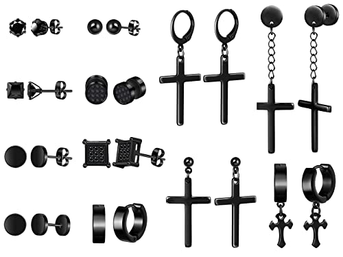 Feilok Damen Ohrstecker Edelstahl 12 Paar Unisex Ohrstecker Männer Ohrringe Set mit Zirkonia Kreuz Kugel Knorpel creolen Ohrstecker Ohrhänger für Damen Herren Schwarz von Feilok