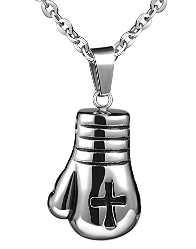 Feilok Edelstahl Anhänger Halskette Herrenkette Silber Ton Kreuz Boxhandschuh Boxhandschuhe Handschuhe Motorradfahrer Biker für Herren von Feilok