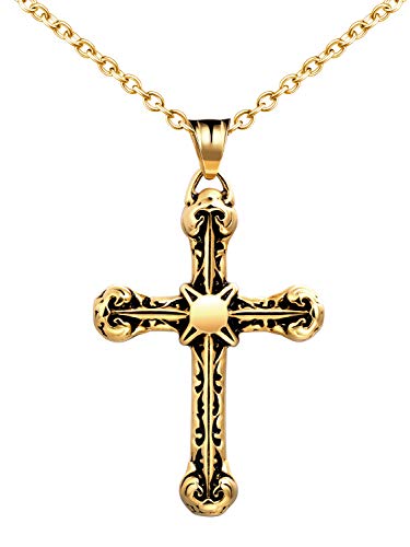 Feilok Edelstahl Herren Halskette Ketten Collier Armband Kreuz Religion Glauben Hoffnung mit Kreuzanhänger Anhänger Schmuck für Herren Männer Kettenlänge 55cm Gold von Feilok