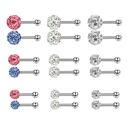 Feilok Edelstahl Ohrstecker Ohrringe Mode Schmuck Kristall Kugel Bauchnabel Körper Piercing Bauchnabel Ring BarBell Kugeln Set 4-6mm 18 Stück von Feilok