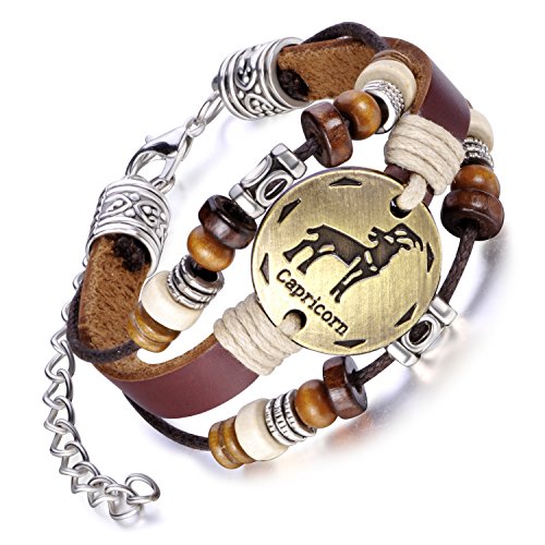 Feilok Elegant 12 Sternbild Steinbock Unisex Verstellbar Armbänder Armband Legierung Leder Beads Seil Armkette Armreif, Farbe: Braun von Feilok