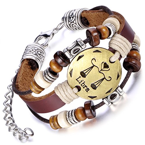 Feilok Elegant 12 Sternbild Waage Unisex Verstellbar Armbänder Armband Legierung Leder Beads Seil Armkette Armreif, Farbe: Braun von Feilok