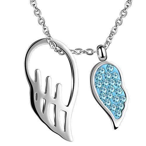 Feilok Elegant Doppel Engel Flügel Blau Kristall Hohl Damen Halskette Edelstahl Kristall Anhänger Kette mit Anhänger Verstellbar Extender, Silber von Feilok
