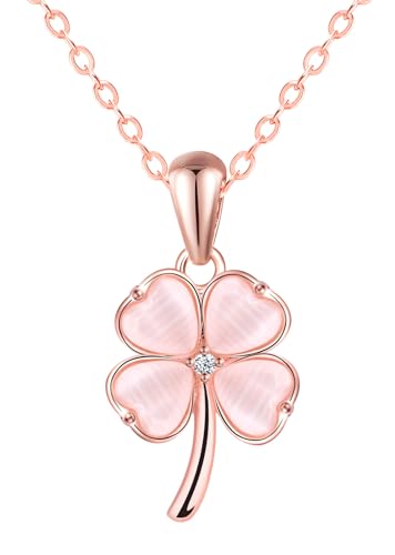 Feilok Halskette Damen Kette mit Roségold Kleeblatt Kette Katzenaugenstein Zirkonia Vierblättriges Glücksbringer Anhänger aus 925 Sterling silber von Feilok