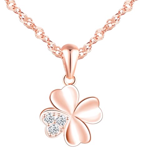 feilok Halskette Damen Kette mit Roségold Kleeblatt Zirkonia Vierblättriges Glücksbringer Anhänger aus 925 Sterling silber Halskette für Frauen von Feilok