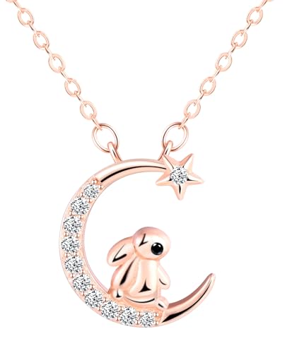 Feilok Halskette Damen Silber 925 Kette mit Anhänger Mond Kaninchen Zirkonia Rosegold für Geburtstags Geschenk Weihnachten Valentinstag Muttertags von Feilok