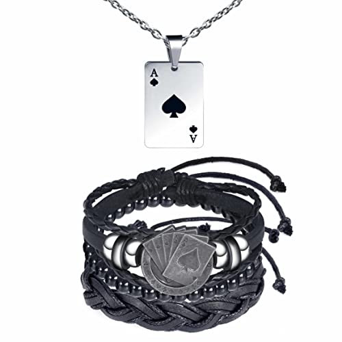 Feilok Herren Halskette Herren Armband Halsschmuck Set Echtleder Armband mit Poker Ace of Hearts Pik Glücklich Anhänger für Herren von Feilok