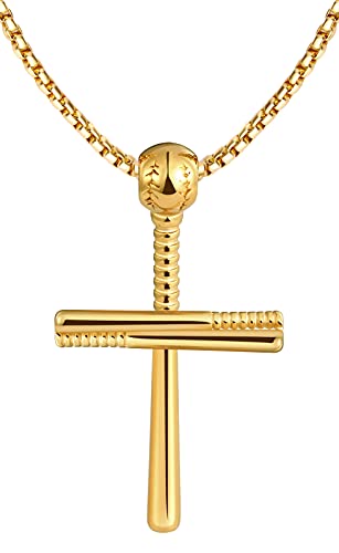 Feilok Herren Halskette mit Baseball Kreuz Anhänger Herren Kette aus Edelstahl Kreuz Kette Männer Kette 50 cm Runde Kastenkette Gold von Feilok