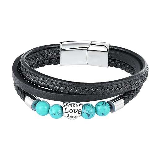 Feilok Herz Perle Armband Herren Leder Armband Naturstein Geflochtenes Armband Armreif Manschette Lederarmband für Männer mit Magnetverschluss von Feilok