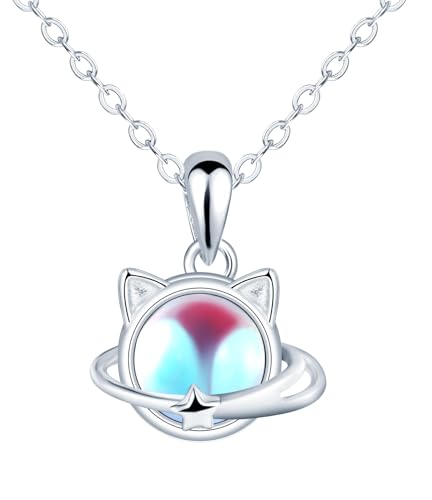 feilok Kette Damen Halskette 925er Silber Anhänger Katzen Mondstein für Frauen Geburtstags Weihnachten Valentinstag von Feilok