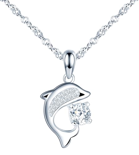 Feilok Kette Damen Halskette mit Zirkonia Delphin Anhänger aus 925 Sterling silber Halskette für Frauen Weihnachten Valentinstag Muttertags von Feilok