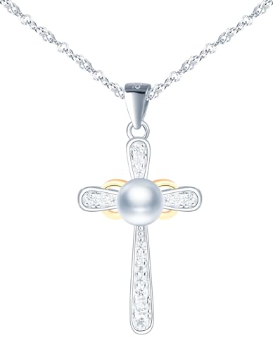 Feilok Kreuz Kette Perle Kette Halskette Damen Silber 925 Kette mit Anhänger Modeschmuck Geschenke für Frauen Mädchen von Feilok