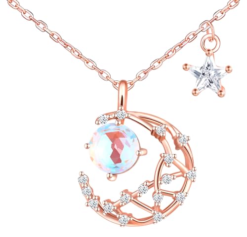 Feilok Mond Anhänger Damen Halskette 925 Sterling Silber Stern Kette Damen Halskette Zirkonia Mondstein Rosegold von Feilok