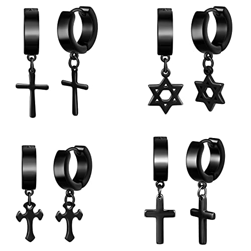 Feilok Ohrringe Schwarz Damen Ohrstecker Set 4 Paare Hypoallergen Edelstahl Kreuz Ohrstecker Stern ohrringe Set Creolen für Damen Herren Männer Earrings von Feilok