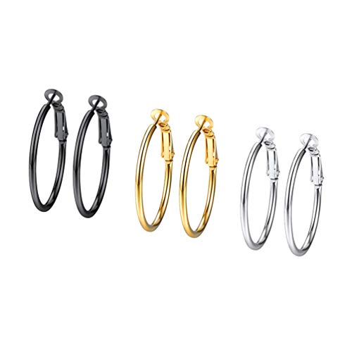 Feilok Ohrringe Set für Damen Edelstahl Runde Klapp Basic Groß Creolen Huggie Kreolen Ohrringe Hoop Klappcreolen Ohrschmuck 30mm Gold/Schwarz/Silber,3 Paar von Feilok