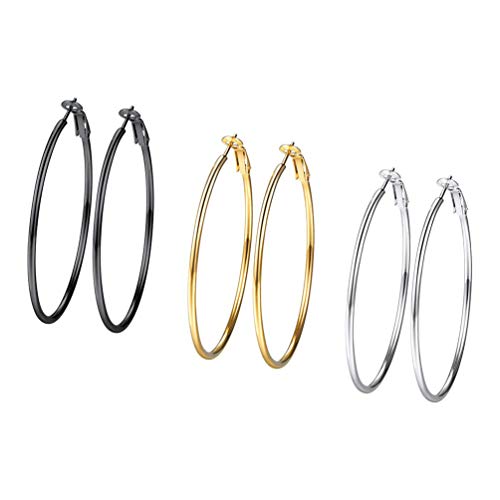 Feilok Ohrringe Set für Damen Edelstahl Runde Klapp Basic Groß Creolen Huggie Kreolen Ohrringe Hoop Klappcreolen Ohrschmuck 50mm Gold/Schwarz/Silber,3 Paar von Feilok