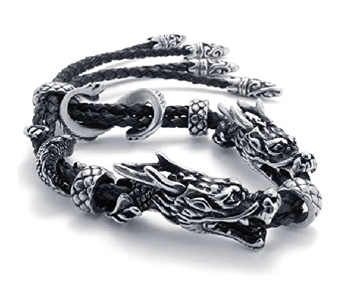 Feilok Vintage Drache Köpfe Phönix Schwanz verstellbar Armband/Armreif für Damen/Herren, mit Schwarz Leder Kord von Feilok