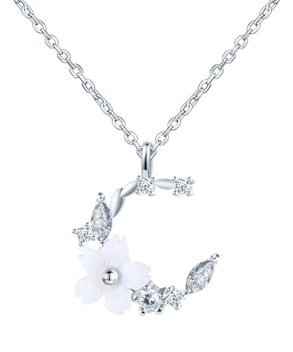 feilok 925 Sterling Silber Mond Halskette für Damen Kirschblüte Blume Halbmond Anhänger Kette Damen Halskette Zirkonia Schale von Feilok