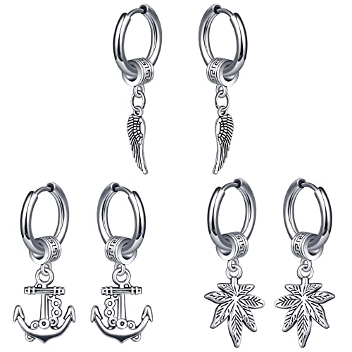 Feilok 3 Paar Edelstahl Creolen Huggie Ohrringe Set für Herren und Frauen - Hoop-Ohrringe Mit Anhänger (Baum, Feder, Anker) von Feilok