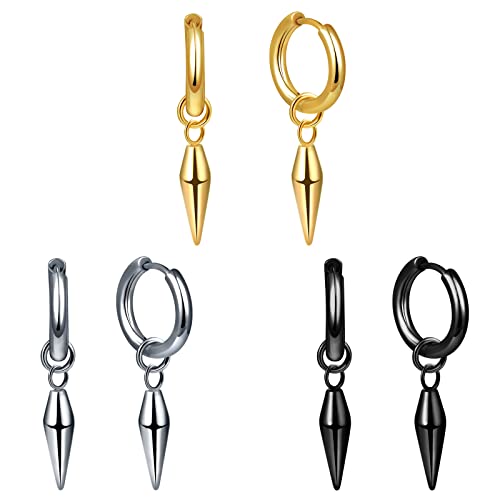 feilok 3 Paar Edelstahl Ohrringe für Herren Damen Ohrringe Männer Creolen, Spike Ohrring Hängend Gold Silber Schwarz Creolen mit Anhänger Set von Feilok
