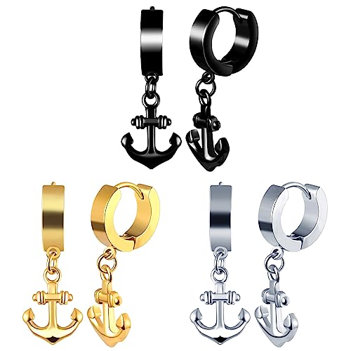feilok 3 Paar Ohrringe Edelstahl Anker Creolen Ohrringe Dangle Ohrringe für Männer Damen von Feilok